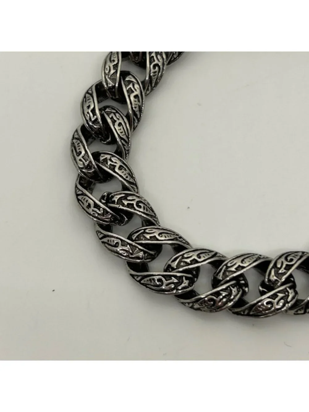 Men's Vintage Stainless Steel Curb Chain Bracelet Tribal Tattoo Etched Design